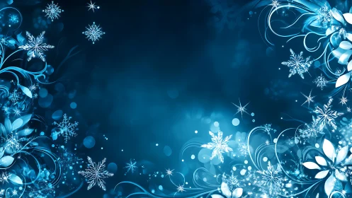 Blue winter background with glowing floral snowflakes.