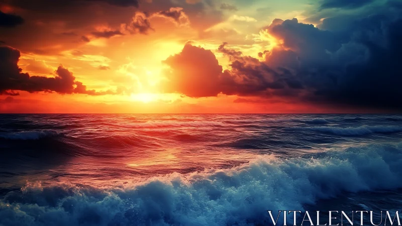 Dramatic sunset over colorful ocean waves and clouds.