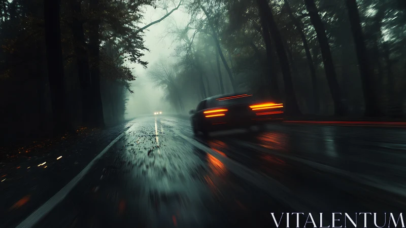 Speeding car on wet forest road under heavy fog at night.