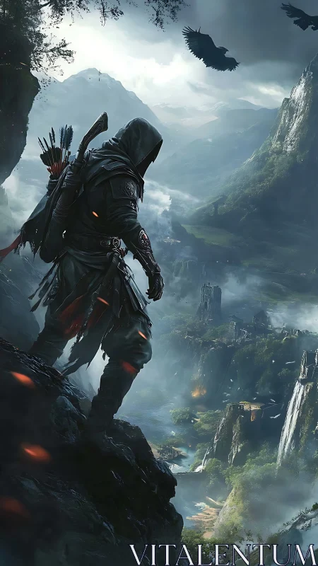 Hooded ranger surveys stormlit valley while ravens circle high