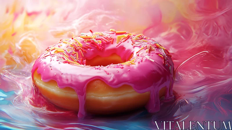 Glazed donut rests in dreamy pink and blue candy haze