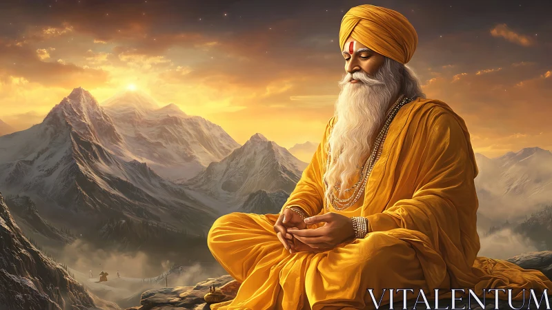 Sunlit mountain sage in saffron robes welcomes the quiet sky.