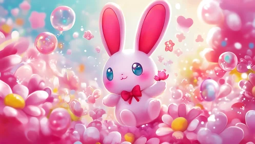 Pastel bunny amid dreamy blossoms and floating bubbles.