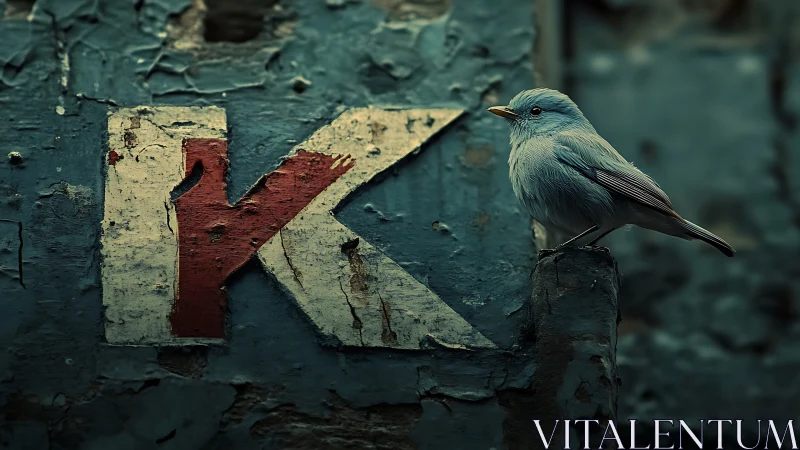 Passerine Bird Perched on Weathered Industrial Signage with Rust Patina
