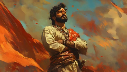 Desert wind warrior gazes skyward in ember bright resolve.