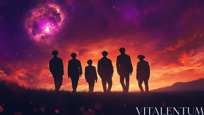 Friends standing under a glowing cosmic sunset sky.