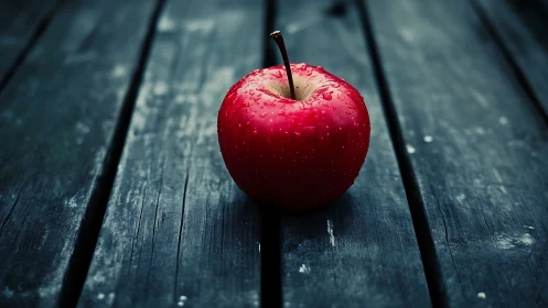 Glistening red apple resting on weathered wooden boards.