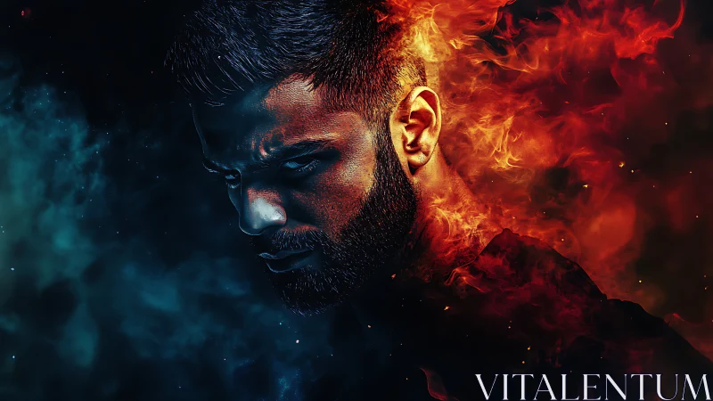 Brooding fire and frost guardian wrapped in cosmic embers.