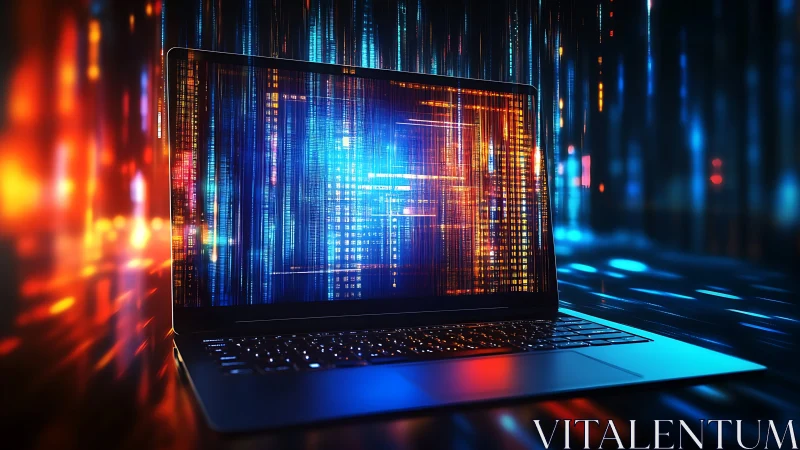 Laptop screen renders abstract neon data streams in cyber grid