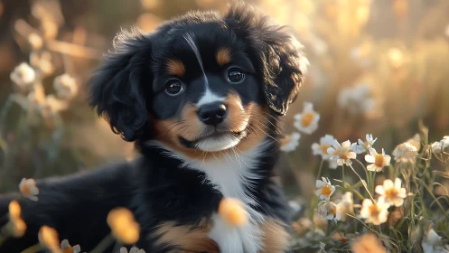 Tricolor puppy portrait in soft golden hour wildflower field