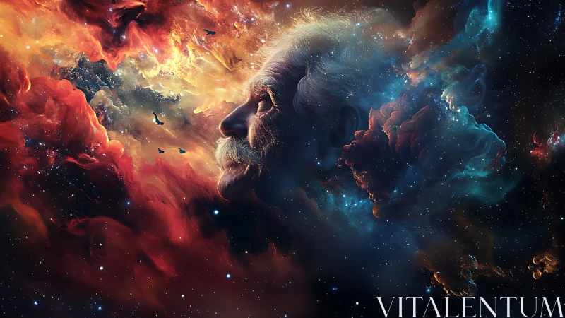 Ethereal scientist visage emerges from swirling cosmic nebula