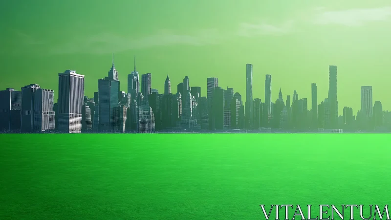 Urban skyline stands before uniformly green foreground surface