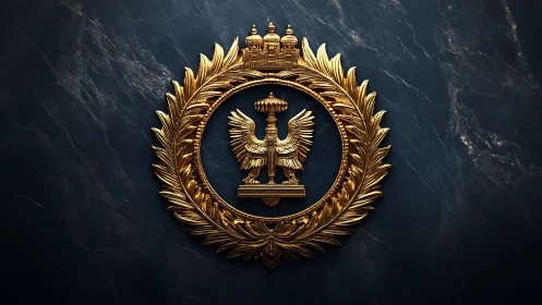 3D gilded heraldic emblem with laurel wreath on marble wall.