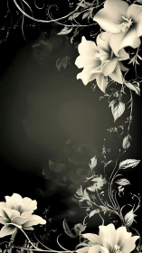 White Flowers on Black Background with Botanical Line Details