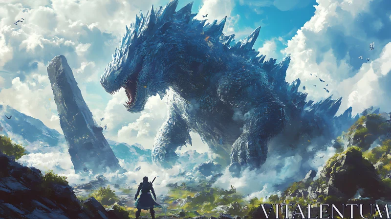 Giant ice scaled kaiju roars above lone warrior in clouds