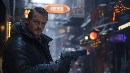 Lone armed detective patrols neon alley in winter storm.