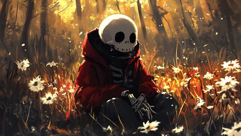 Skeleton figure sits in sunlit forest clearing among flowers