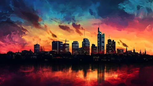 Vibrant digital city skyline under blazing sunset sky.
