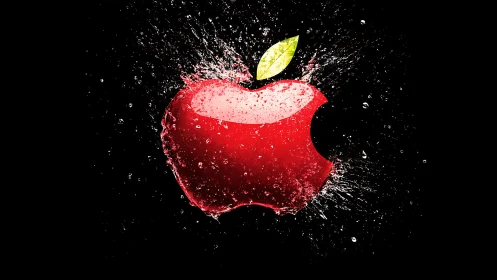 Liquid scarlet apple logo shatters into crystalline spray