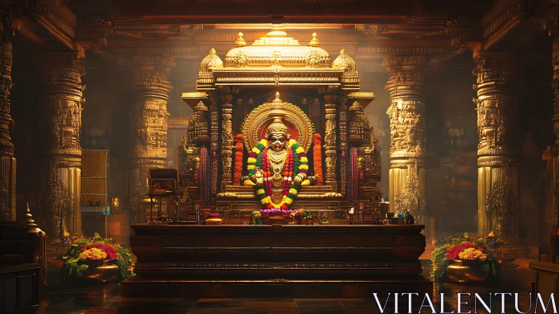 Golden Hindu temple sanctum with decorated deity idol.