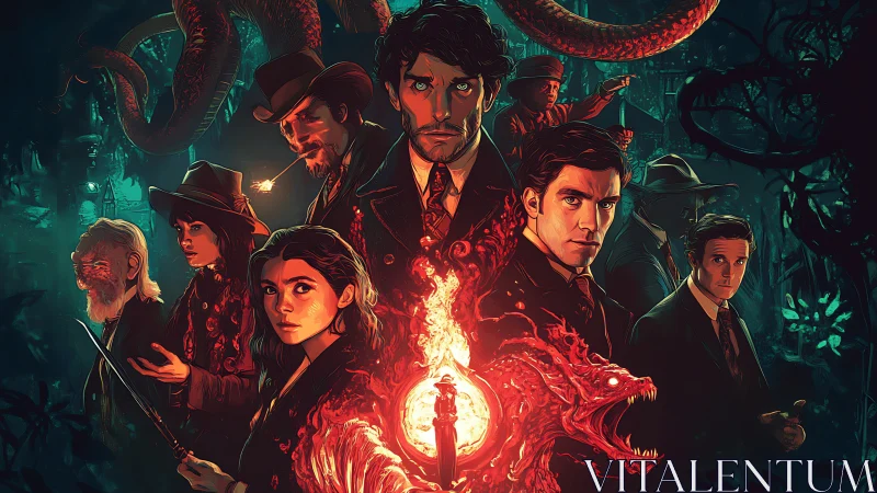 Group portrait shows armed figures with central fiery dragon form