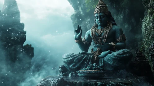 Monolithic teal deity statue in mist-laden mountain cavern.