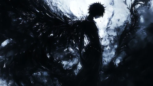 Shadowed winged figure in dark monochrome stormscape.