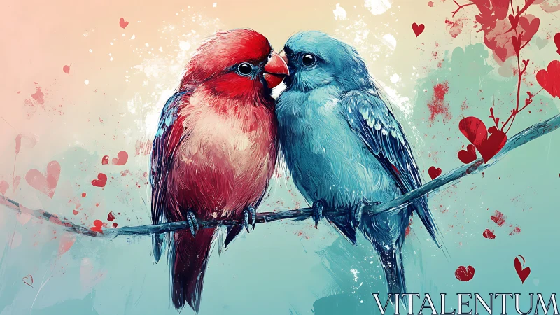 Two Colorful Birds Sharing Affectionate Moment on Branch with Heart Motifs