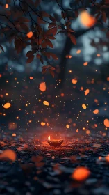 Forest diya glow scatters embers through dusk air.