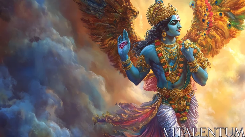 Divine blue deity soaring amid radiant celestial clouds.