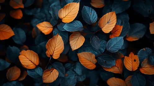 Orange and blue foliage in high contrast autumn pattern.