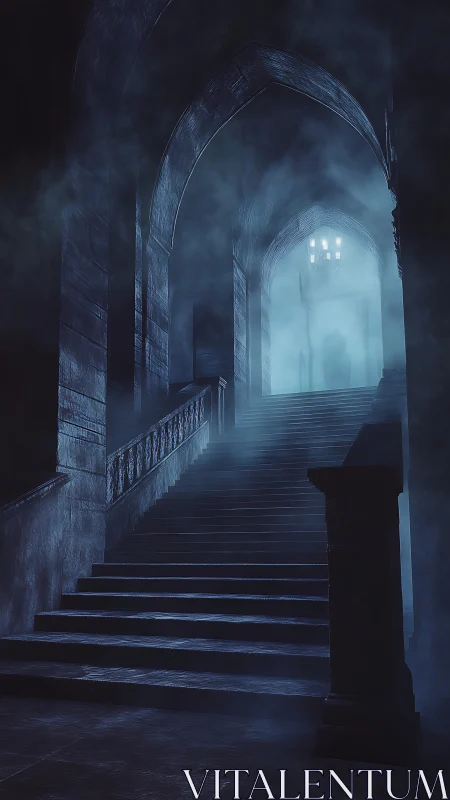Gothic stone staircase in volumetric spectral fog at night.