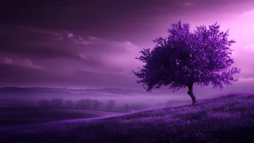 Solitary violet tree on misty hillside under monochrome sky