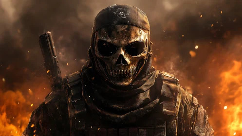 Armored skull-masked soldier stands amid flames and smoke