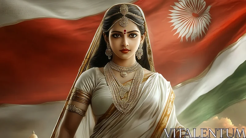 Regal Indian woman stands before billowing national flag.