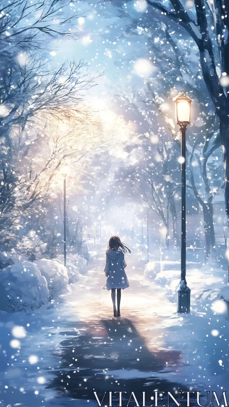 Solitary winter walk beneath glowing lampposts at dusk.