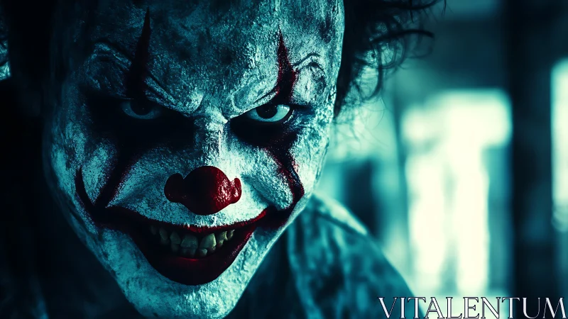 Clown makeup figure is shown in close frontal portrait