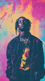 Portrait of stylish man before vivid abstract backdrop.