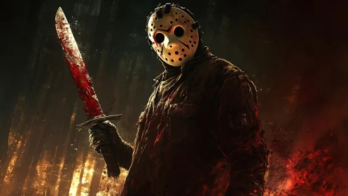 Masked slasher rises in ember-lit forest of creeping dread.