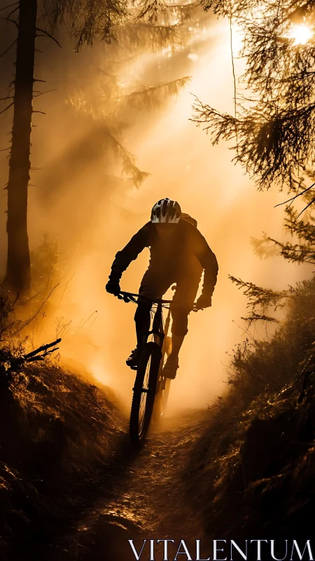 Mountain Biker Charging Golden Forest Trail at Dawn.