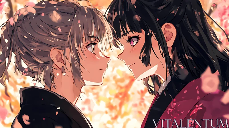 Romantic anime profile portrait under falling sakura petals.