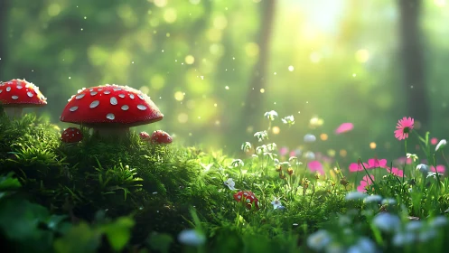 Sunlit forest mushrooms in a tiny sparkling meadow dream.