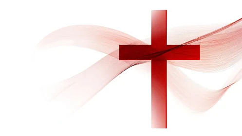 Red digital cross intersects translucent flowing waveforms