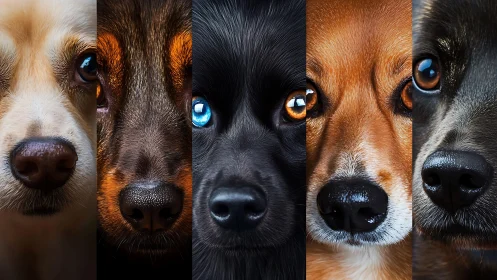 Curious dog noses line up in a colorful, friendly portrait