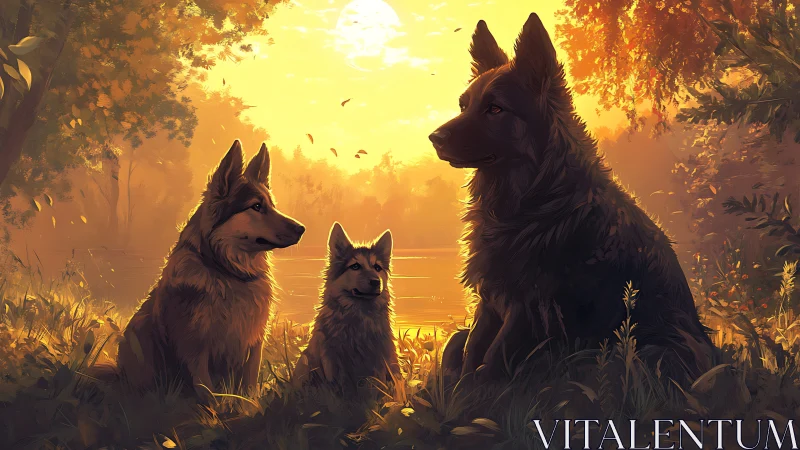 Golden sunset with a serene family of woodland dogs.