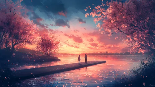 Sunset confides in two dreamers on a petal‑strewn pier