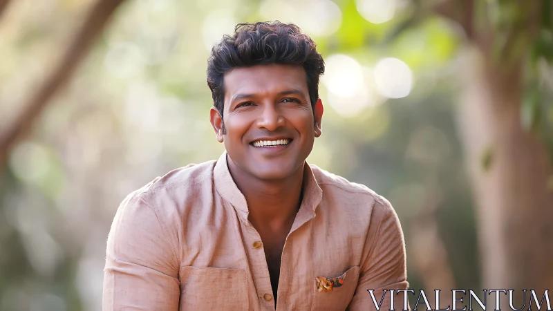 Smiling man in soft sunlight with natural bokeh background.