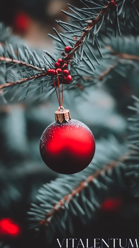 Red ornament on evergreen branch with shallow depth of field.