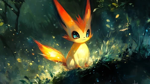 Small luminous foxlike creature in dense forest setting.