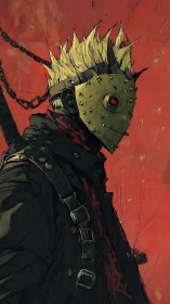 Masked wasteland enforcer with spiked hair and red glare.